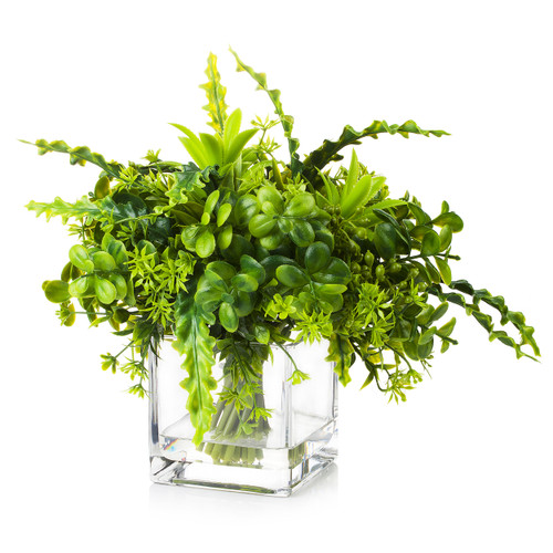 Artificial Mixed Greenery Foliage Plant in Cube Glass Vase