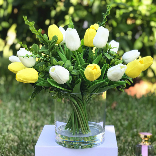 Mixed Artificial Real Touch Tulip Flower Arrangement in Clear Glass Vase