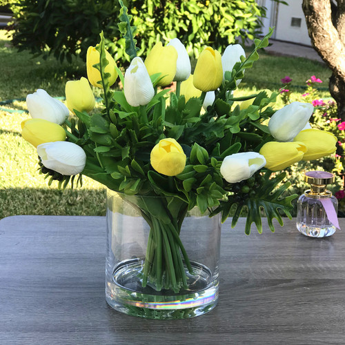 Mixed Artificial Real Touch Tulip Flower Arrangement in Clear Glass Vase