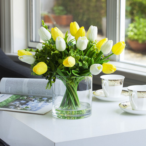 Mixed Artificial Real Touch Tulip Flower Arrangement in Clear Glass Vase
