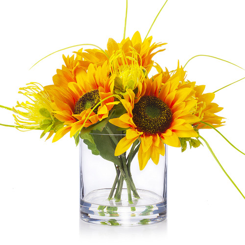 Mixed Artificial Sunflower  Arrangement in Clear Glass Vase