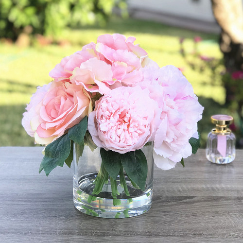 Mixed Artificial Peony and Rose Flower Arrangement in Clear Glass Vase