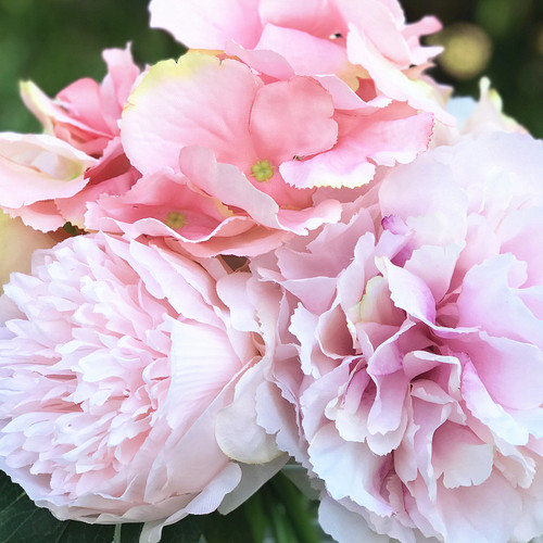 Mixed Artificial Peony and Rose Flower Arrangement in Clear Glass Vase