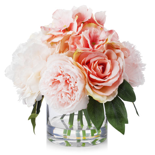 Mixed Artificial Peony and Rose Flower Arrangement in Clear Glass Vase