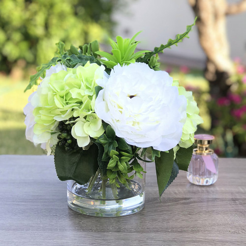 Mixed Artificial Peony and Hydrangea Flower Arrangement in Clear Glass Vase