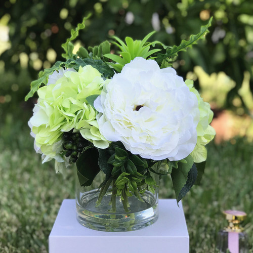 Mixed Artificial Peony and Hydrangea Flower Arrangement in Clear Glass Vase