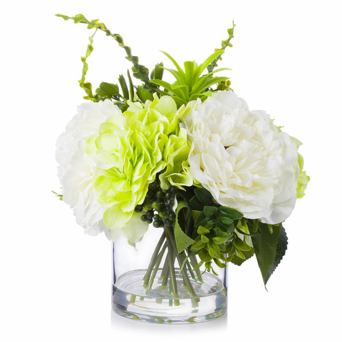 Mixed Artificial Peony and Hydrangea Flower Arrangement in Clear Glass Vase