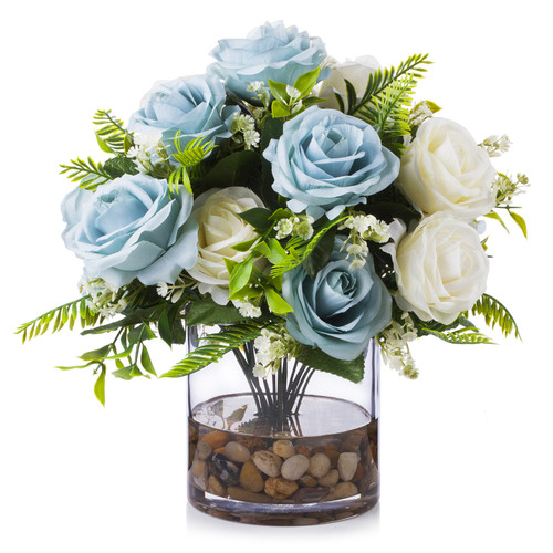 18 Heads Rose Flower Arrangement in Clear Glass Vase with River Rock(Cream Blue)