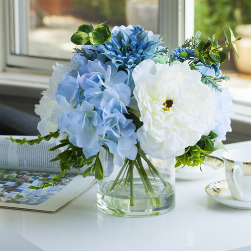 Mixed Artificial Peony and Hydrangea Flower Arrangement in Clear Glass Vase(Cream Blue)