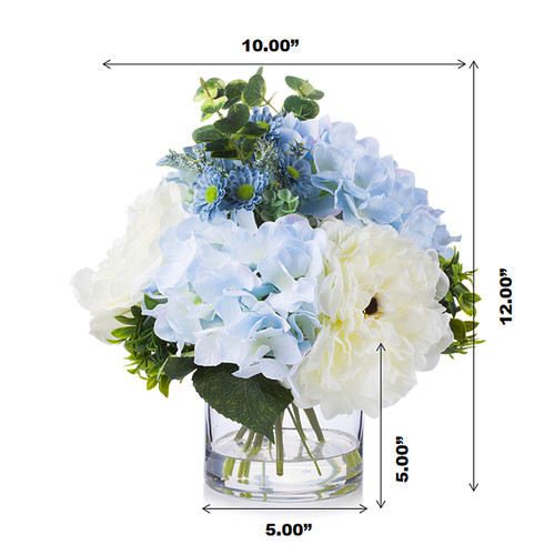 Mixed Artificial Peony and Hydrangea Flower Arrangement in Clear Glass Vase(Cream Blue)