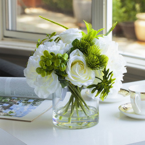 Artificial Peony and Rose Flower Arrangement in Clear Glass Vase