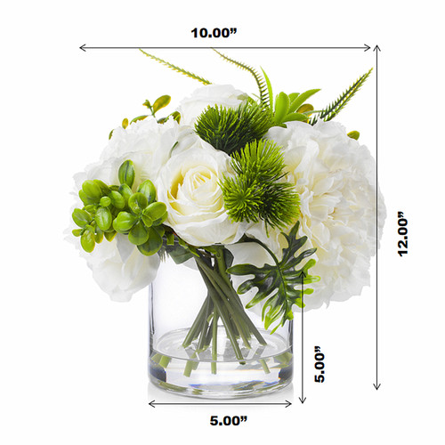 Artificial Peony and Rose Flower Arrangement in Clear Glass Vase