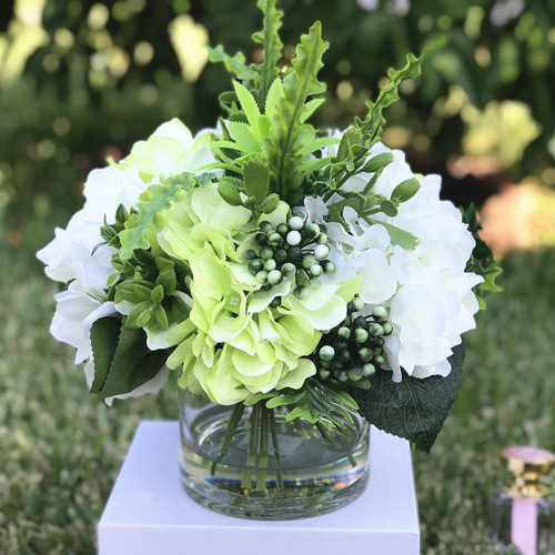 Mixed Artificial Silk Hydrangea Flower Arrangement in Clear Glass Vase