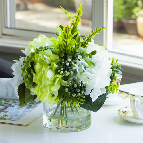 Mixed Artificial Silk Hydrangea Flower Arrangement in Clear Glass Vase