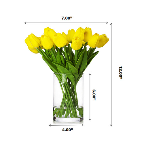 20 Pieces Artificial Real Touch Tulips Flower Arrangement in Glass Vase With Faux Water(Yellow)