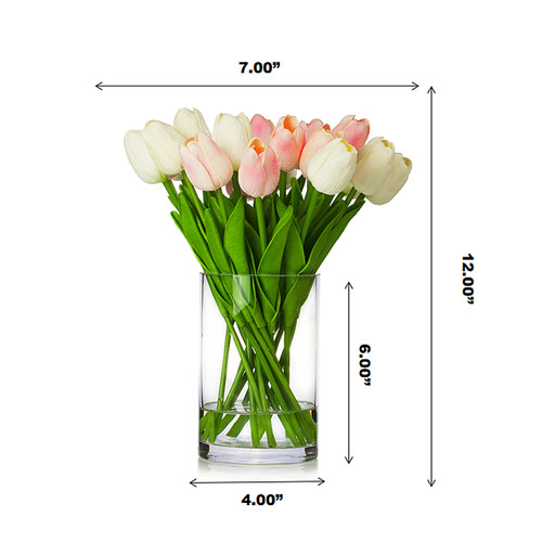 20 Pieces Artificial Real Touch Tulips Flower Arrangement in Glass Vase With Faux Water(White Pink