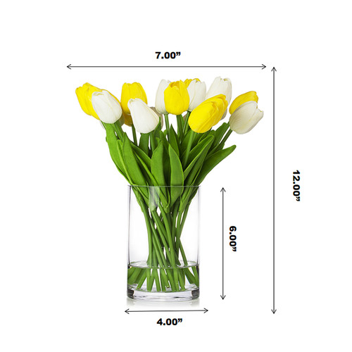 20 Pieces Artificial Real Touch Tulips Flower Arrangement in Glass Vase With Faux Water(White Yellow