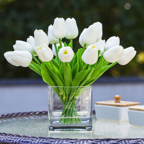 20 Pieces Artificial Real Touch Tulips Flower Arrangement in Cube Glass Vase With Faux Water(White)