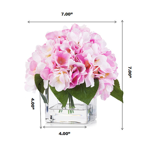 Artificial Silk Hydrangea Flower Arrangement in Cube Glass Vase With Faux Water(Pink)