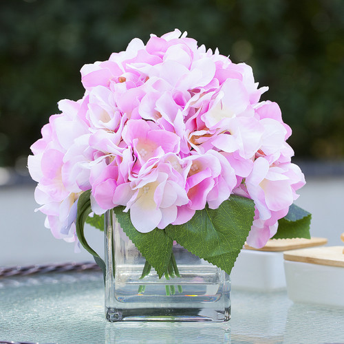 Artificial Silk Hydrangea Flower Arrangement in Cube Glass Vase With Faux Water(Pink)