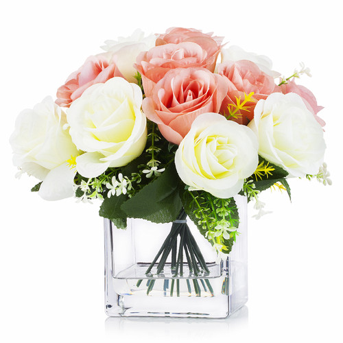 18 Heads Silk Roses Flower Arrangement in Clear Glass Vase With Faux Water(Cream Pink)