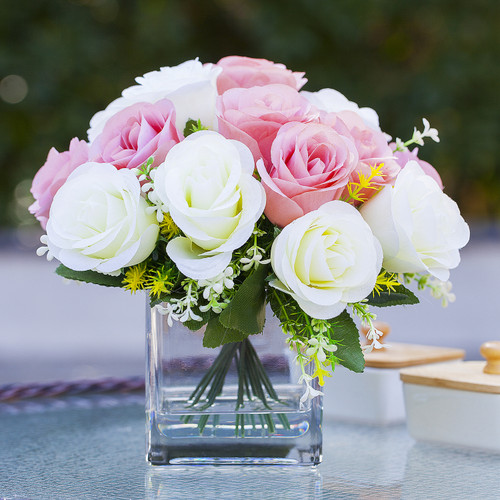 18 Heads Silk Roses Flower Arrangement in Clear Glass Vase With Faux Water(Cream Pink)