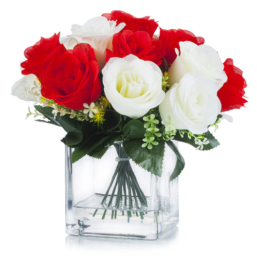 18 Heads Silk Roses Flower Arrangement in Clear Glass Vase With Faux Water(Cream Red)