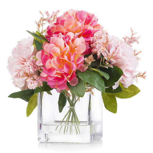 Artificial Silk Dahlia Flower Arrangement in Clear Glass Vase With Faux Water(Pink)