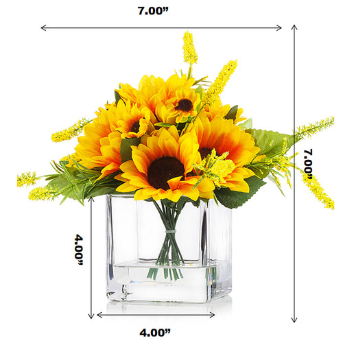 Artificial Silk Sunflower Arrangement in Clear Glass Vase With Faux Water