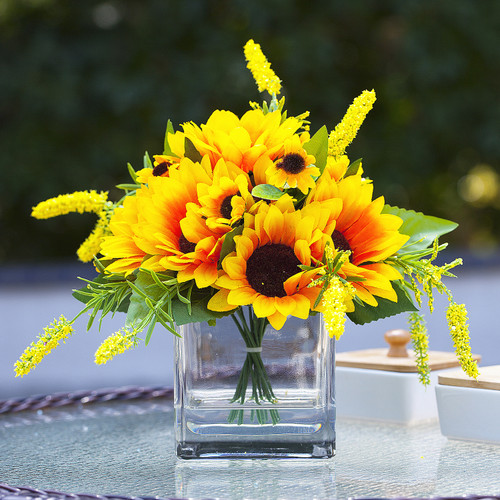 Artificial Silk Sunflower Arrangement in Clear Glass Vase With Faux Water