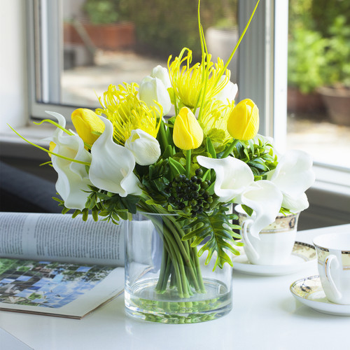 Mixed Artificial Real Touch Tulip and Lily Flower Arrangement in Clear Glass Vase