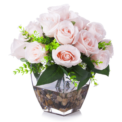 18 Heads  Artificial  Pink Rose Flower Arrangement  in Clear Glass Vase with River Rock