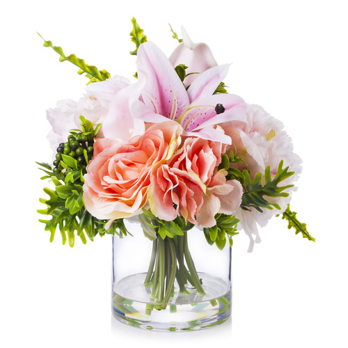 Mixed Rose and Lily Flower Arrangement in Clear Glass Vase