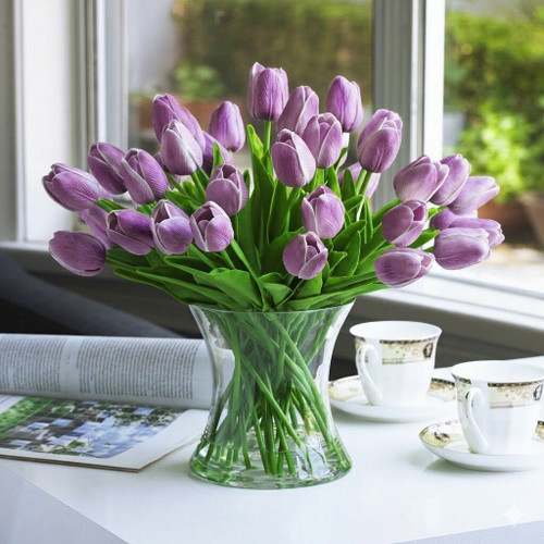 Large  Artificial Real Touch Tulip Arrangement in Clear Glass Vase
