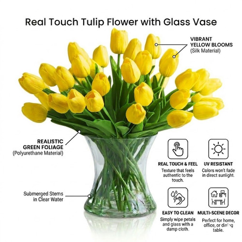 Large  Artificial Real Touch Tulip Arrangement in Clear Glass Vase