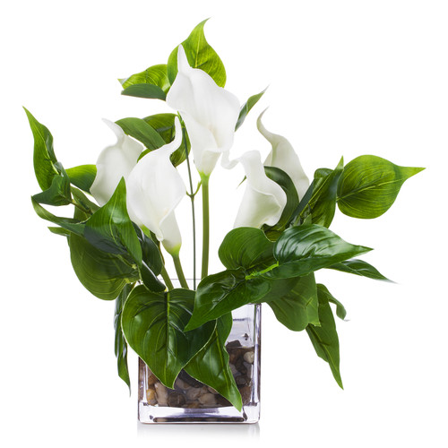 Real Touch Lily Flower Arrangement with Green Leaf  in Cube Glass Vase