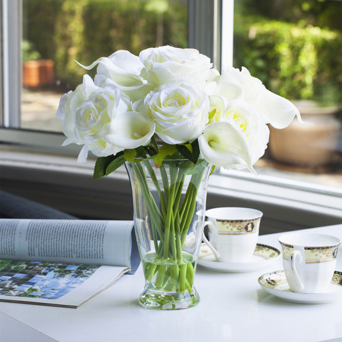 Mixed Artificial Real Touch Lily and Rose Flower Arrangement in Clear Glass Vase