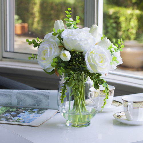 Artificial Real Touch Tulip and Rose Flower Arrangement in Clear Glass Vase