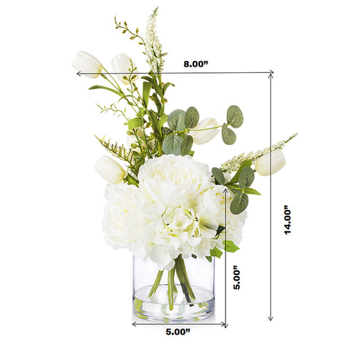 Mixed Peony Hydrangea and Tulip Flower Arrangement in Clear Glass Vase