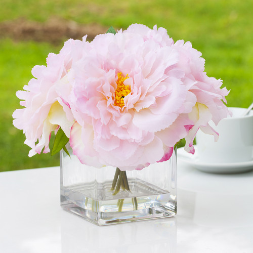 Silk Peony Arrangement in Cube Glass Vase With Faux Water(Pink)
