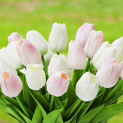 Large Artificial Real Touch Tulip Arrangement in Clear Glass Vase (White Pink)