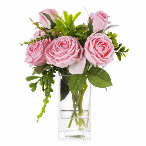 Mixed Artificial Real Touch Rose Flower Arrangement in Clear Glass Vase