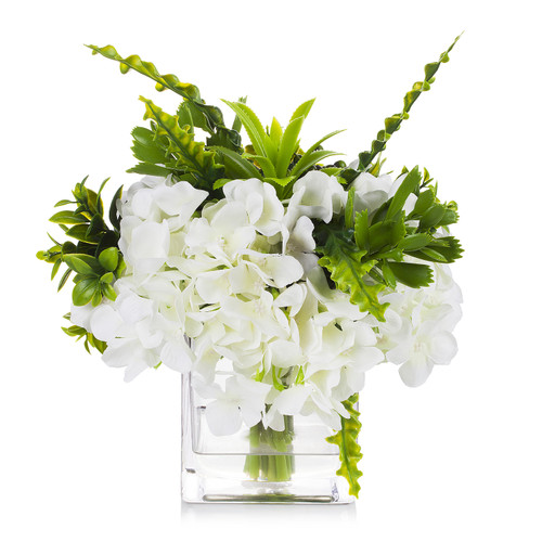 Mixed Artificial Silk Hydrangea Flower Arrangement in Cube Glass Vase With Faux Water