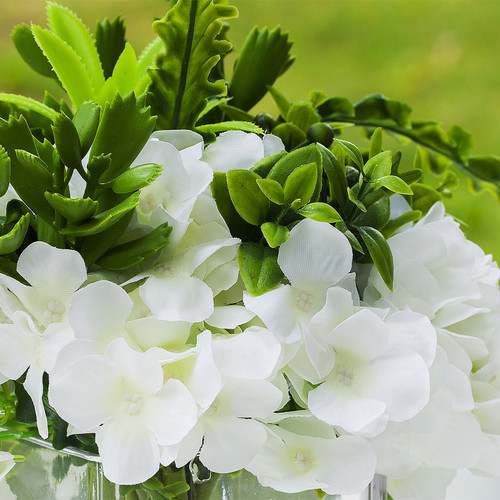 Mixed Artificial Silk Hydrangea Flower Arrangement in Cube Glass Vase With Faux Water