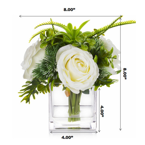 Mixed Artificial Silk Rose Flower Arrangement in Cube Glass Vase With Faux Water