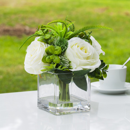 Mixed Artificial Silk Rose Flower Arrangement in Cube Glass Vase With Faux Water