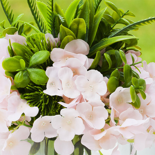 Mixed Pink Artificial Silk Hydrangea Flower Arrangement in Cube Glass Vase With Faux Water