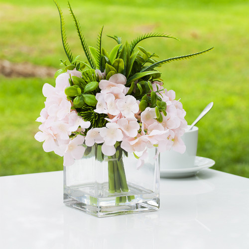 Mixed Pink Artificial Silk Hydrangea Flower Arrangement in Cube Glass Vase With Faux Water