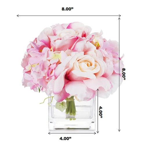 Mixed Artificial Silk Hydrangea and Rose Flower Arrangement in Cube Glass Vase With Faux Water
