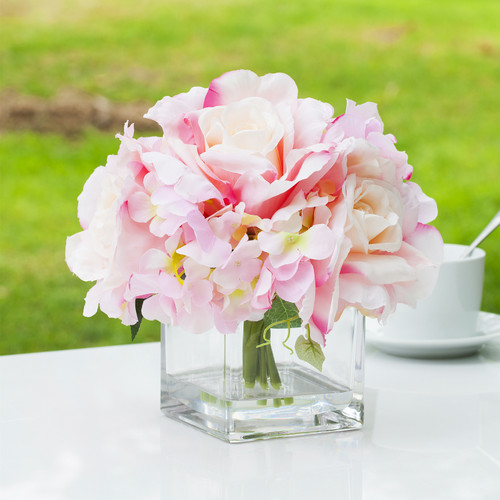 Mixed Artificial Silk Hydrangea and Rose Flower Arrangement in Cube Glass Vase With Faux Water